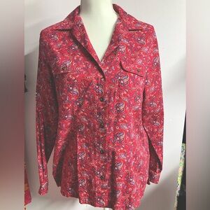 Crazy Horse Women’s Long Sleeve Blouse, PL,Red,Collar, V Neck, Button Front